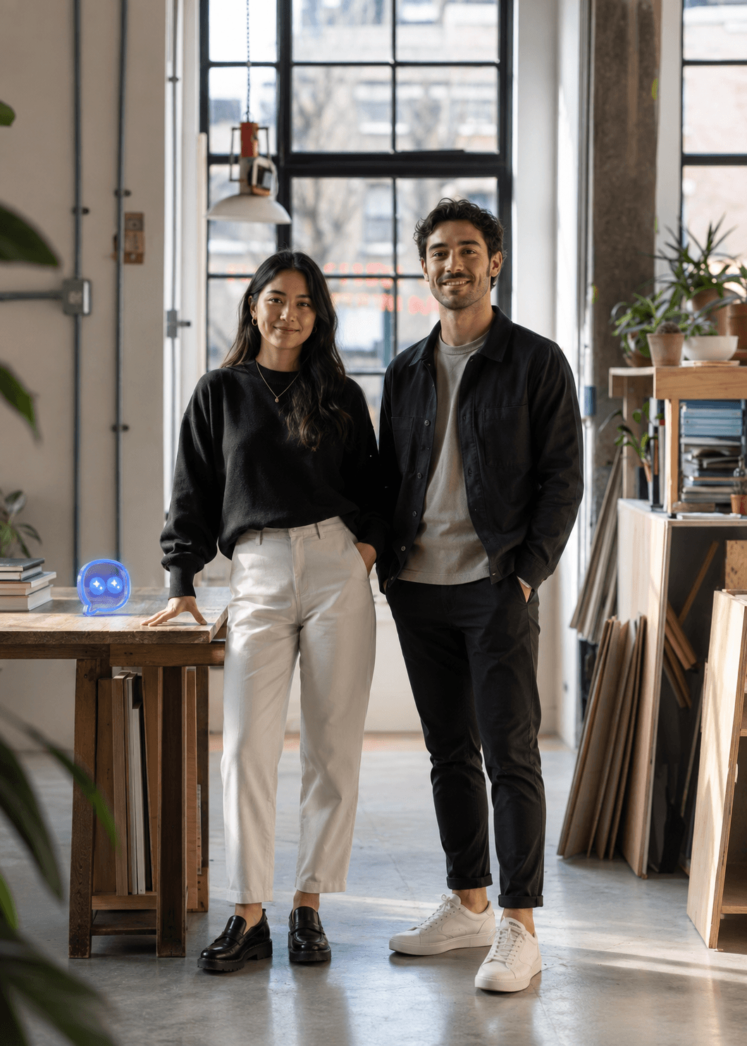 Two fictional professionals in a bright studio, a conceptual Fixit image