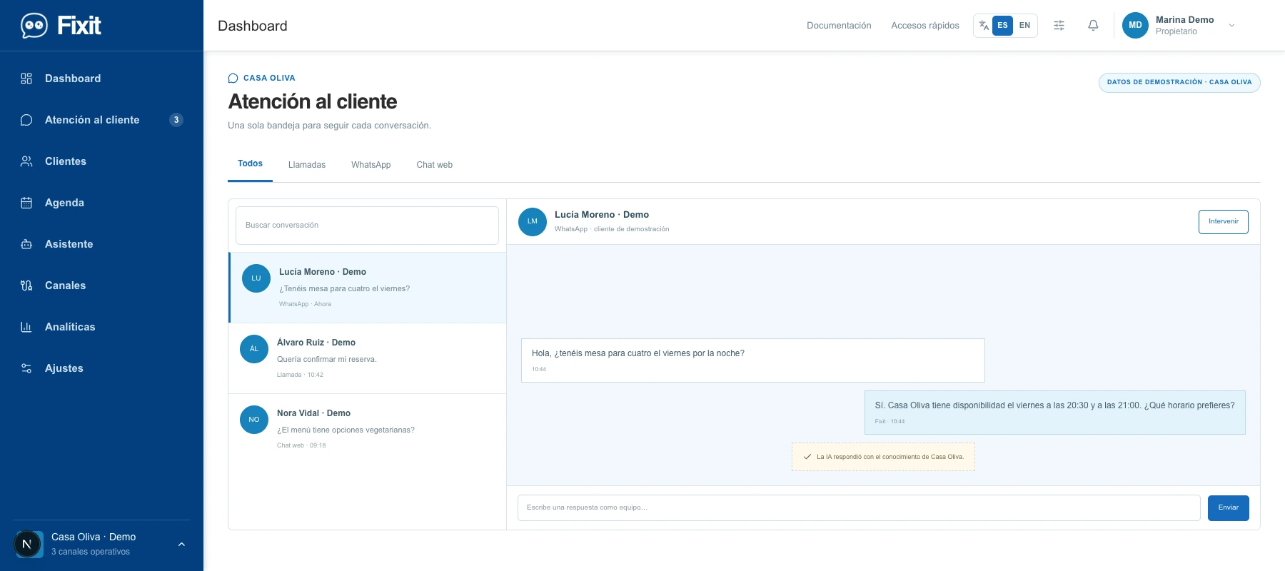 Fixit inbox showing a conversation and the human intervention control