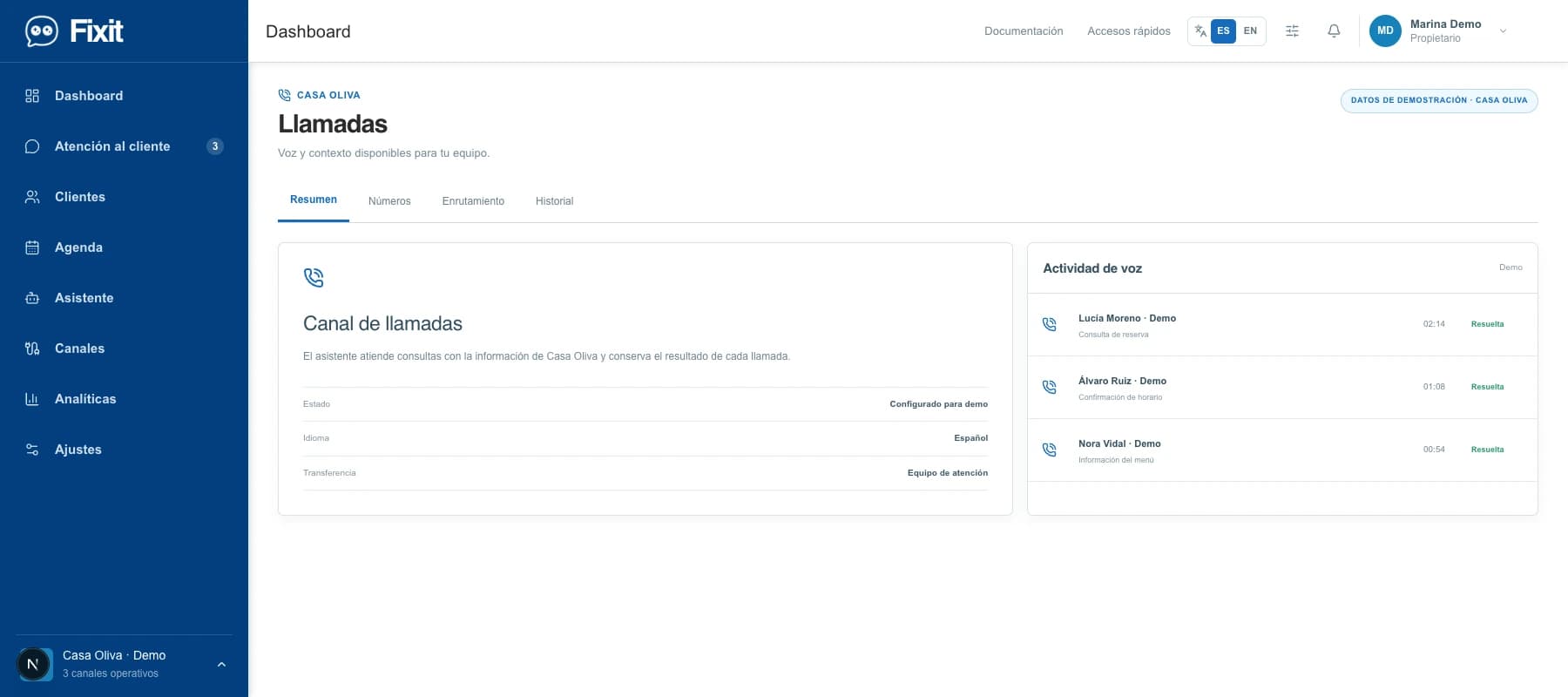 Calls. Fixit product capture · Casa Oliva demonstration data